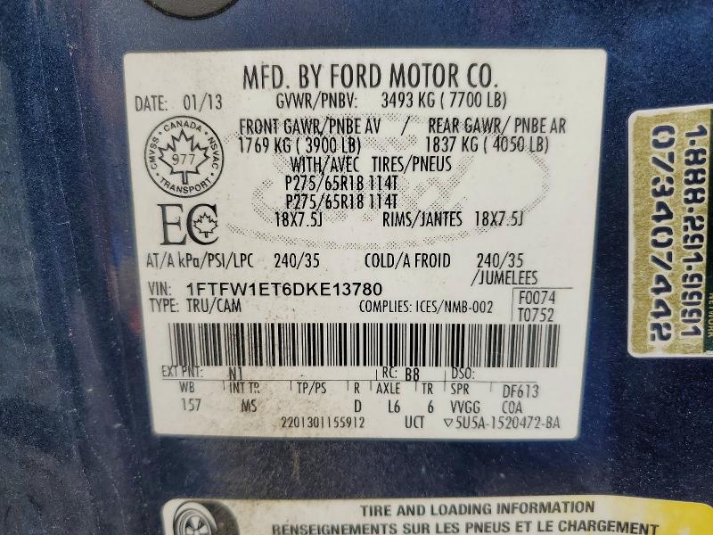 Продажа на аукционе авто 2013 Ford F150, vin: 1FTFW1ET6DKE13780, номер лота: 56840396