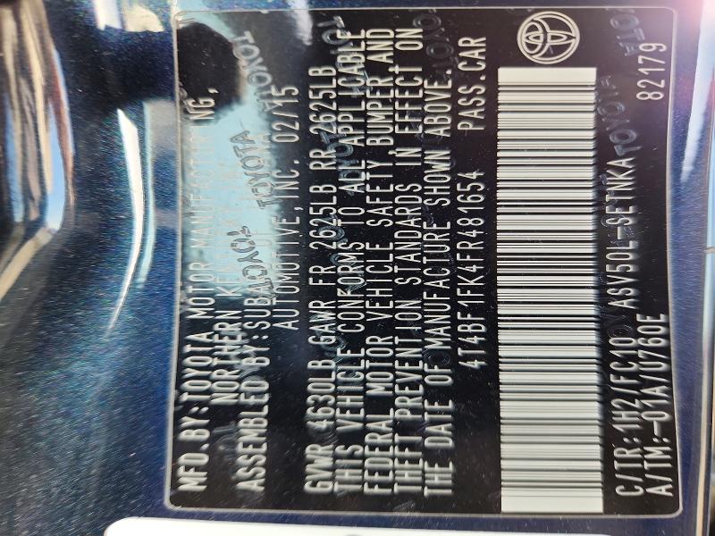55784806 :رقم المزاد ، 4T4BF1FK4FR481654 vin ، 2015 Toyota Camry مزاد بيع