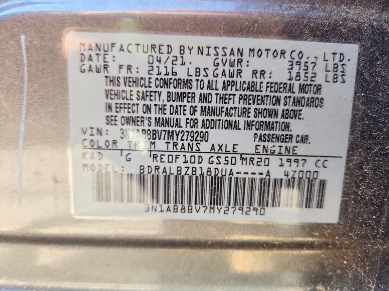 2021 Nissan Sentra მანქანა იყიდება აუქციონზე, vin: 3N1AB8BV7MY279290, აუქციონის ნომერი: 57312426