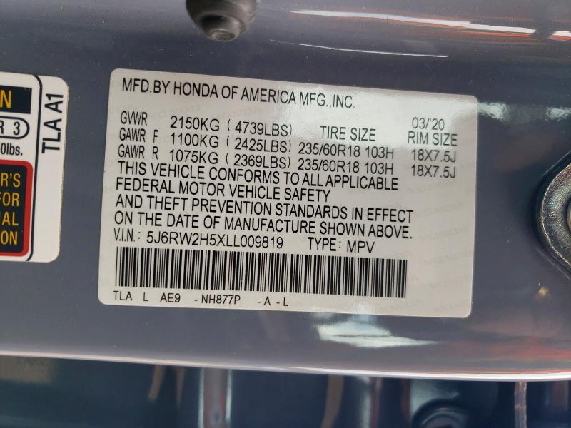 2020 Honda Cr-v მანქანა იყიდება აუქციონზე, vin: 5J6RW2H5XLL009819, აუქციონის ნომერი: 85617045