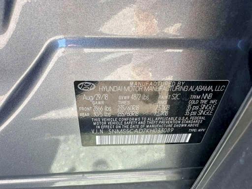 2019 Hyundai Santa Fe მანქანა იყიდება აუქციონზე, vin: 5NMS5CAD7KH033089, აუქციონის ნომერი: 56322616