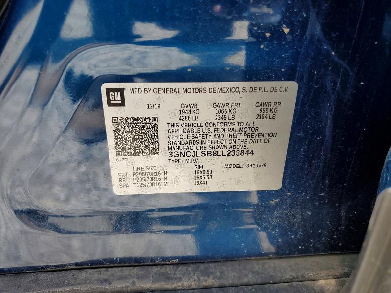 2020 Chevrolet Trax მანქანა იყიდება აუქციონზე, vin: 3GNCJLSB8LL233844, აუქციონის ნომერი: 58090716