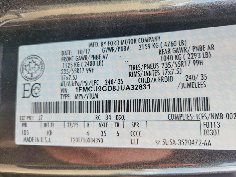 2018 Ford Escape მანქანა იყიდება აუქციონზე, vin: 1FMCU9GD8JUA32831, აუქციონის ნომერი: 57560136