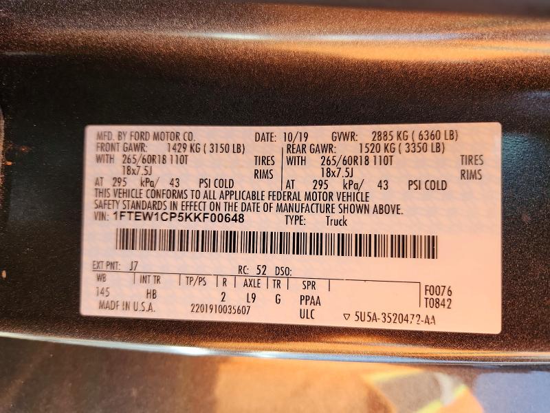 Продажа на аукционе авто 2019 Ford F150, vin: 1FTEW1CP5KKF00648, номер лота: 85989685