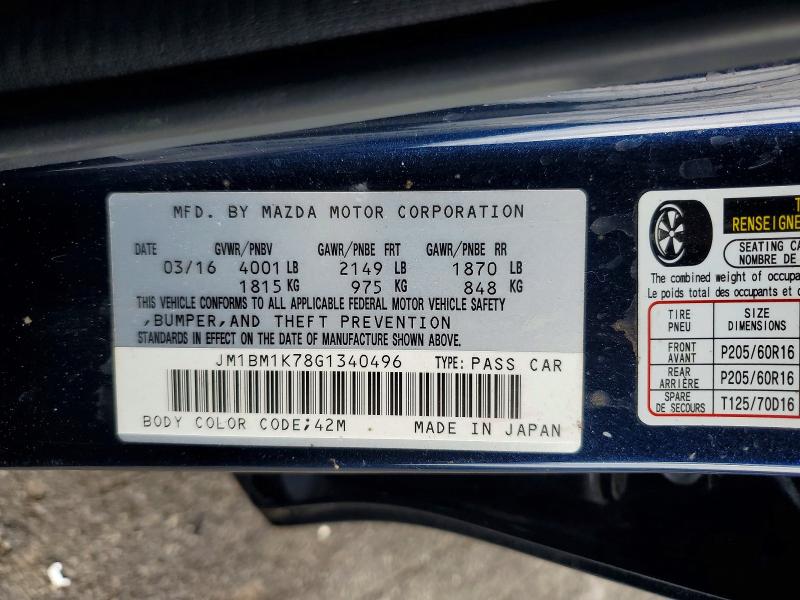 55191206 :رقم المزاد ، JM1BM1K78G1340496 vin ، 2016 Mazda 3 مزاد بيع