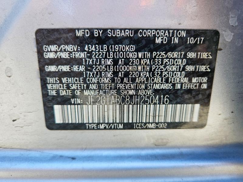 58516316 :رقم المزاد ، JF2GTABC8JH250416 vin ، 2018 Subaru Crosstrek مزاد بيع