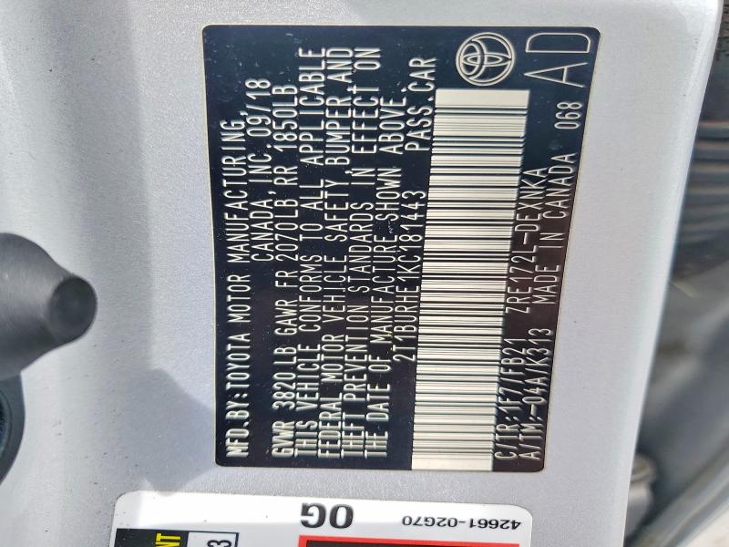 Продажа на аукционе авто 2019 Toyota Corolla, vin: 2T1BURHE1KC181443, номер лота: 56861246