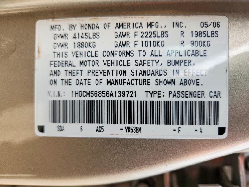 Aukcja sprzedaży 2006 Honda Accord, vin: 1HGCM56856A139721, numer aukcji: 55723816