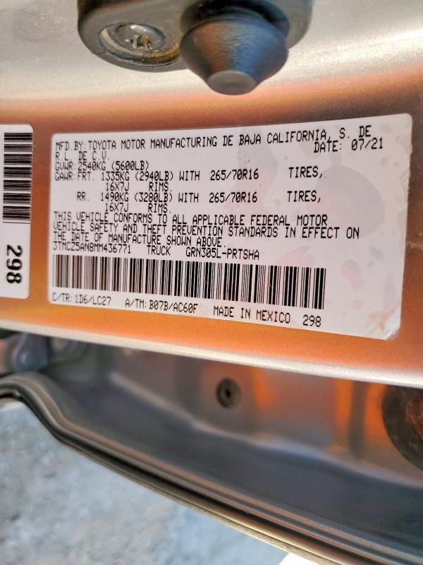 2021 Toyota Tacoma მანქანა იყიდება აუქციონზე, vin: 3TMCZ5AN8MM436771, აუქციონის ნომერი: 55704936
