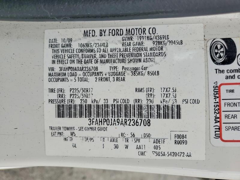 2010 Ford Fusion მანქანა იყიდება აუქციონზე, vin: 3FAHP0JA9AR236708, აუქციონის ნომერი: 59398136