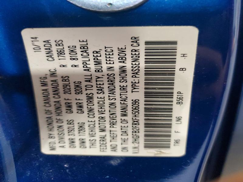 2015 Honda Civic მანქანა იყიდება აუქციონზე, vin: 2HGFB2F8XFH506096, აუქციონის ნომერი: 56450866