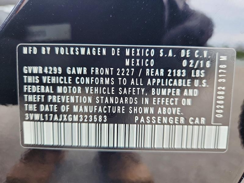 2016 Volkswagen Jetta მანქანა იყიდება აუქციონზე, vin: 3VWL17AJXGM323583, აუქციონის ნომერი: 58830516