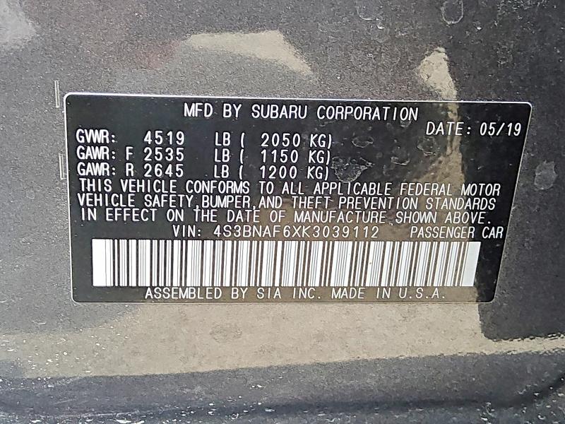 2019 Subaru Legacy მანქანა იყიდება აუქციონზე, vin: 4S3BNAF6XK3039112, აუქციონის ნომერი: 55492966