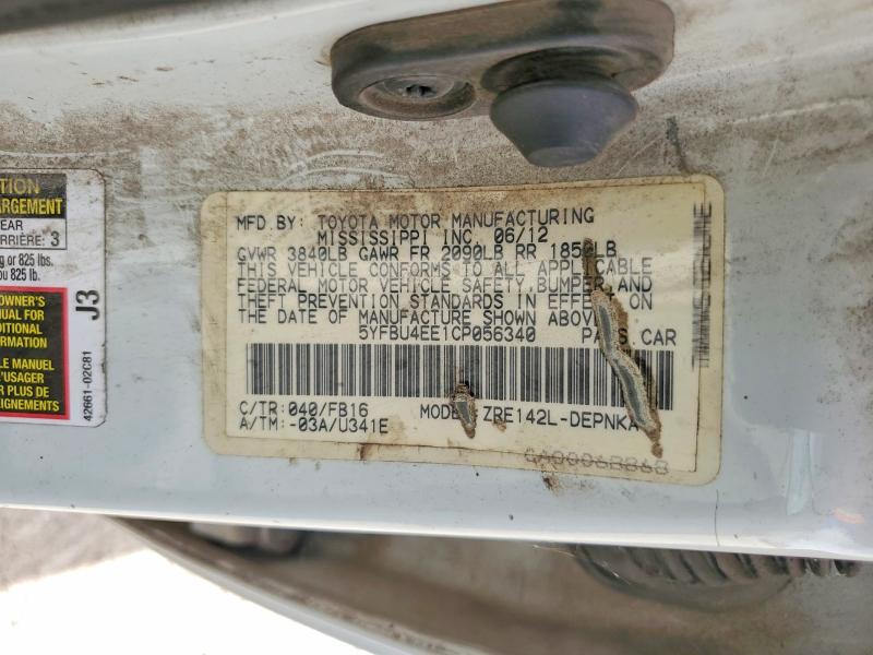 Aukcja sprzedaży 2012 Toyota Corolla, vin: 5YFBU4EE1CP056340, numer aukcji: 58966386