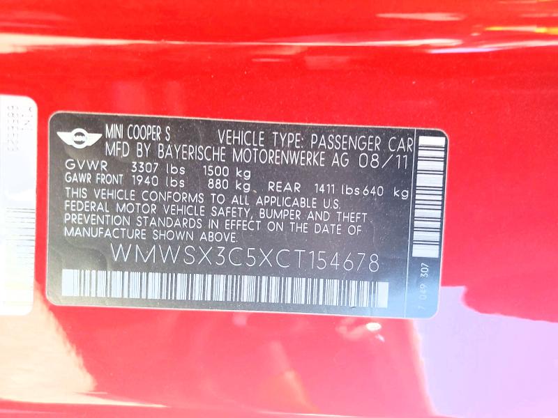 Aukcja sprzedaży 2012 Mini Cooper Coupe, vin: WMWSX3C5XCT154678, numer aukcji: 58295806