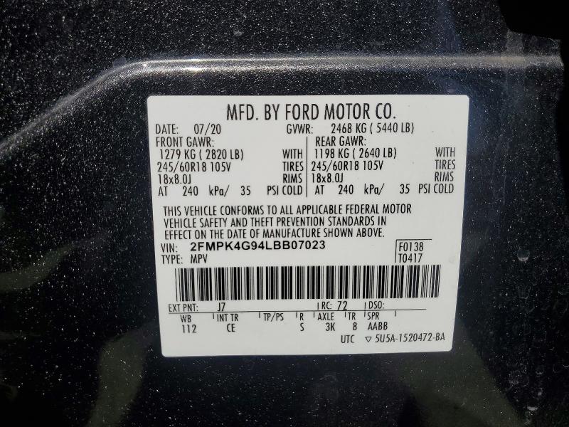 2020 Ford Edge მანქანა იყიდება აუქციონზე, vin: 2FMPK4G94LBB07023, აუქციონის ნომერი: 57713226
