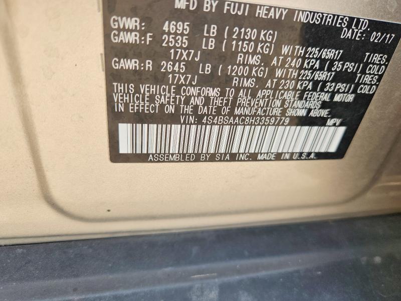 2017 Subaru Outback მანქანა იყიდება აუქციონზე, vin: 4S4BSAAC8H3359779, აუქციონის ნომერი: 58188966