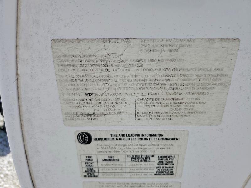 57720196 :رقم المزاد ، 4YDT26621C1530346 vin ، 2012 Keystone Rv Trailers مزاد بيع