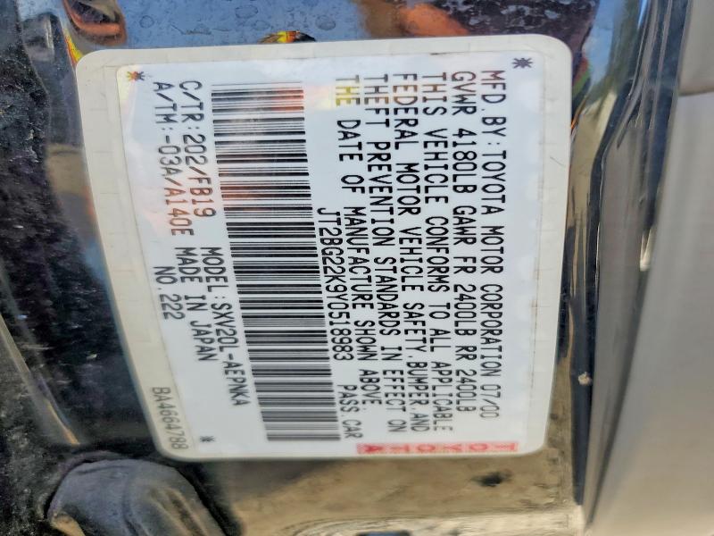 2000 Toyota Camry მანქანა იყიდება აუქციონზე, vin: JT2BG22K9Y0518983, აუქციონის ნომერი: 58597096