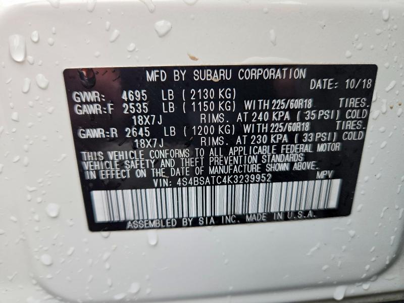 Продаж на аукціоні авто 2019 Subaru Outback, vin: 4S4BSATC4K3239952, номер лоту: 58216966