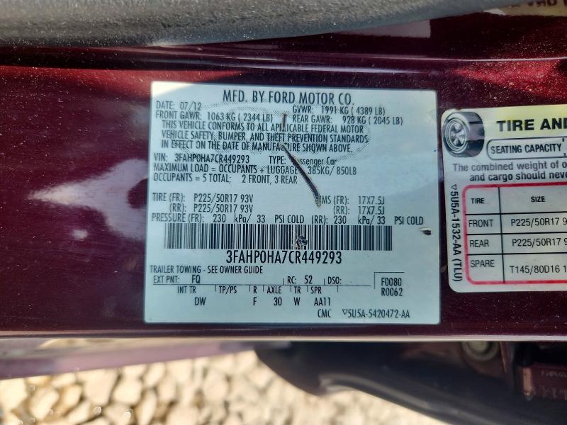 Aukcja sprzedaży 2012 Ford Fusion, vin: 3FAHP0HA7CR449293, numer aukcji: 58696936