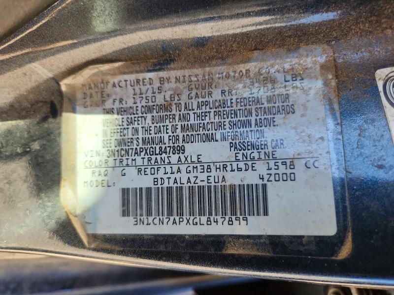 Продаж на аукціоні авто 2016 Nissan Versa, vin: 3N1CN7APXGL847899, номер лоту: 58119016