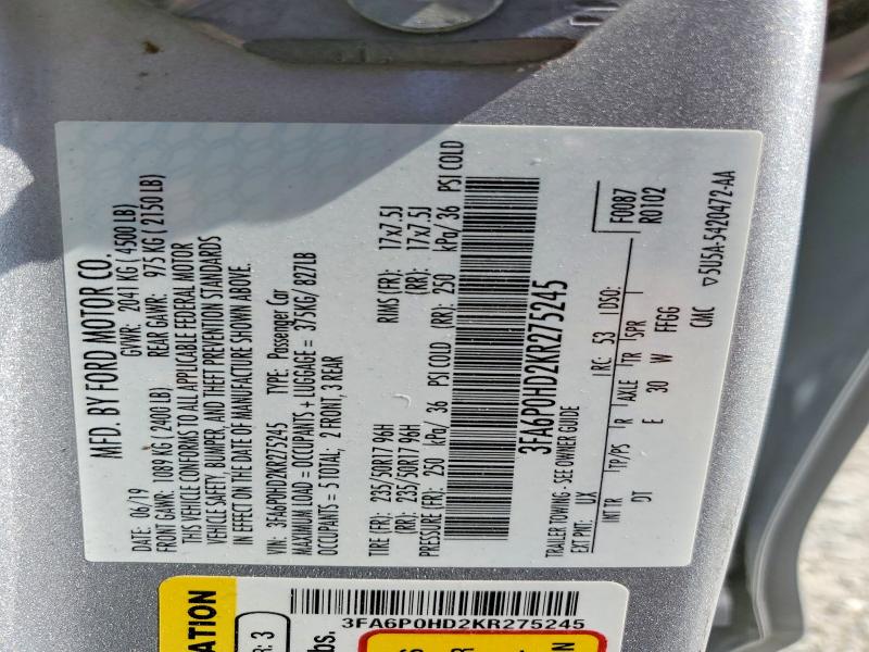 Aukcja sprzedaży 2019 Ford Fusion, vin: 3FA6P0HD2KR275245, numer aukcji: 58814126