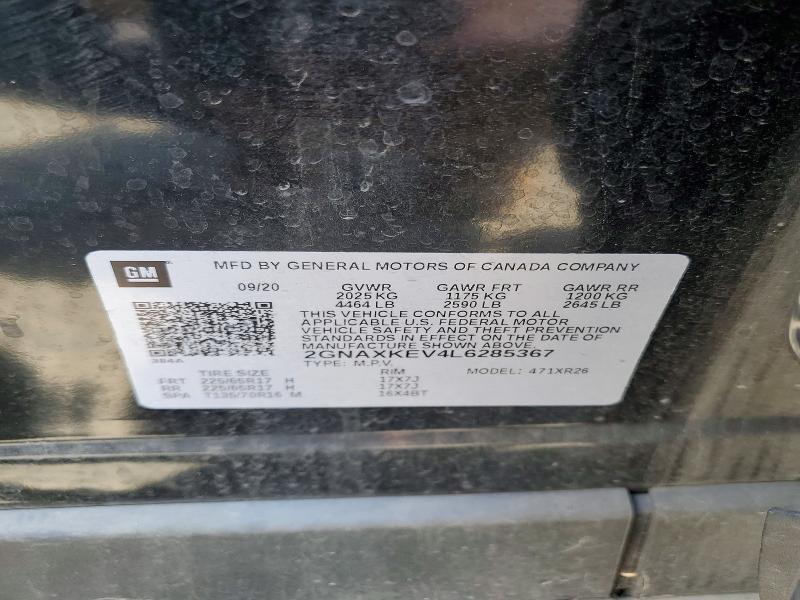 Aukcja sprzedaży 2020 Chevrolet Equinox, vin: 2GNAXKEV4L6285367, numer aukcji: 59102966