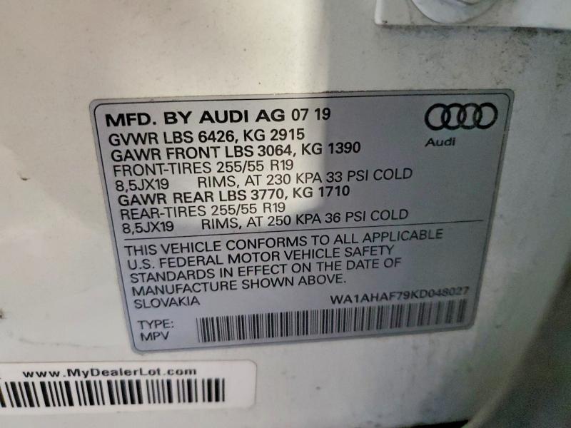 Продаж на аукціоні авто 2019 Audi Q7, vin: WA1AHAF79KD048027, номер лоту: 58933916