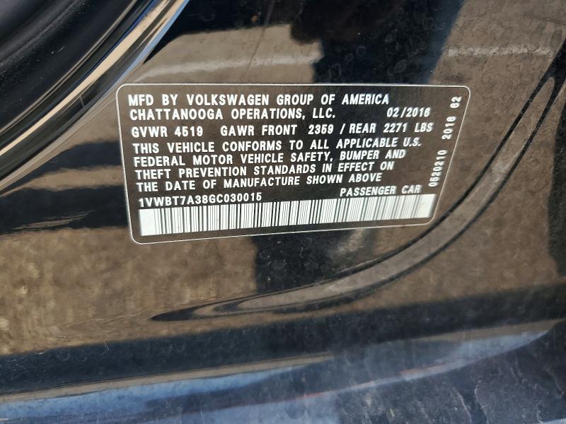 85605845 :رقم المزاد ، 1VWBT7A38GC030015 vin ، 2016 Volkswagen Passat مزاد بيع