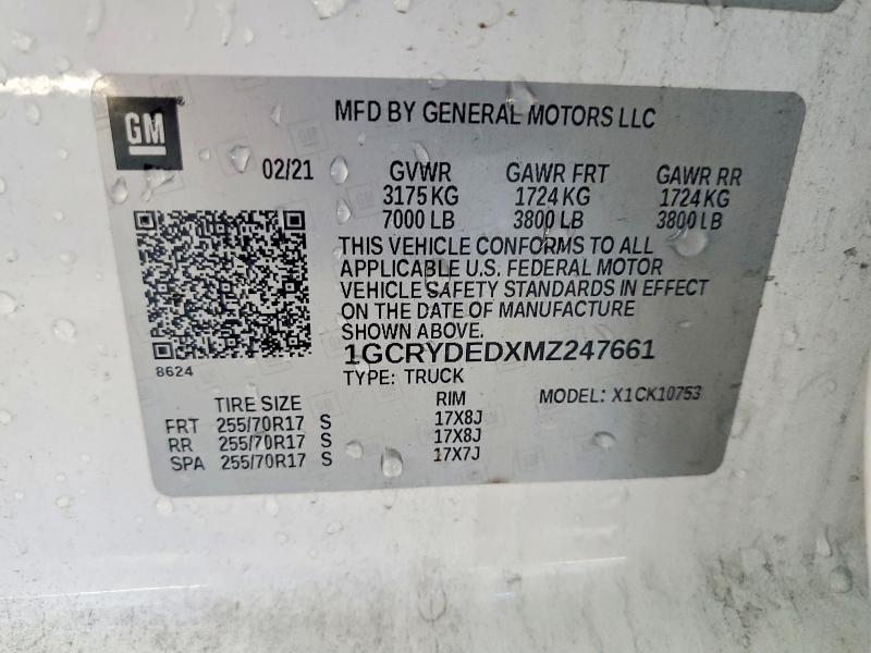 Auction sale of the 2021 Chevrolet Silverado, vin: 1GCRYDEDXMZ247661, lot number: 55275026
