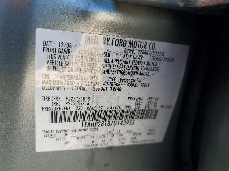 Продаж на аукціоні авто 2007 Ford Five Hundred, vin: 1FAHP28187G143955, номер лоту: 58378146