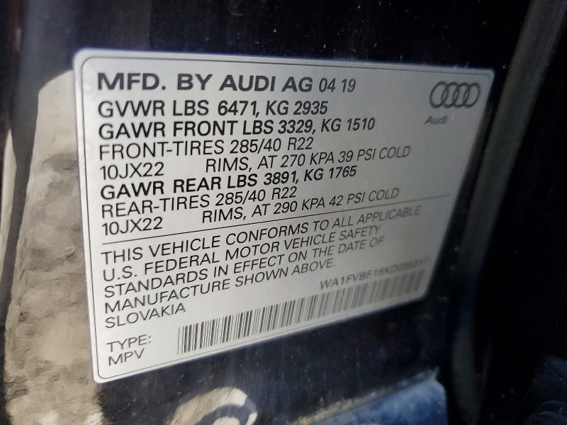 57487756 :رقم المزاد ، WA1FVBF18KD035317 vin ، 2019 Audi Q8 مزاد بيع