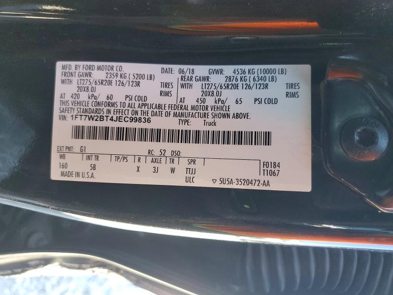 Auction sale of the 2018 Ford F250, vin: 1FT7W2BT4JEC99836, lot number: 55505016