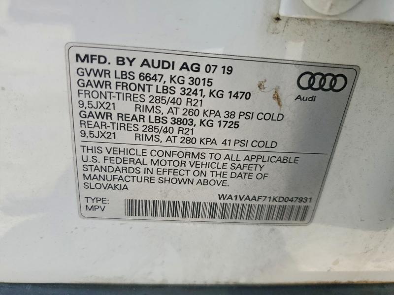 Продаж на аукціоні авто 2019 Audi Q7, vin: WA1VAAF71KD047931, номер лоту: 58551856