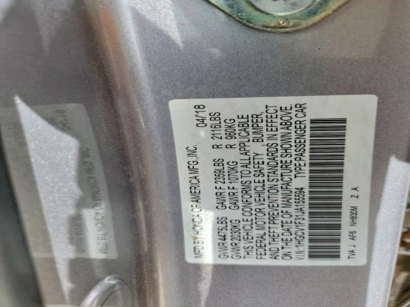 Aukcja sprzedaży 2018 Honda Accord, vin: 1HGCV1F31JA155594, numer aukcji: 58594796