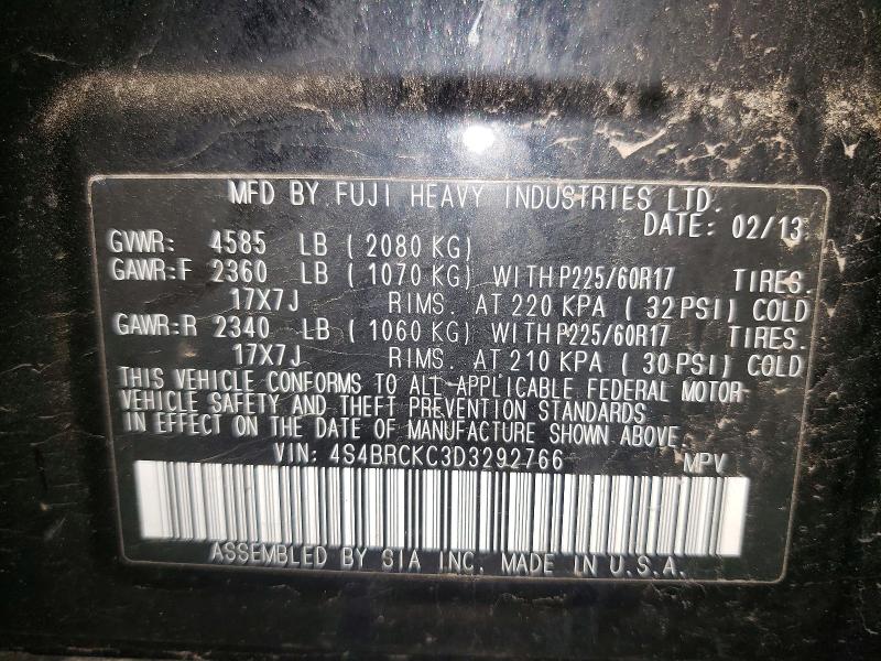 2013 Subaru Outback მანქანა იყიდება აუქციონზე, vin: 4S4BRCKC3D3292766, აუქციონის ნომერი: 57042486