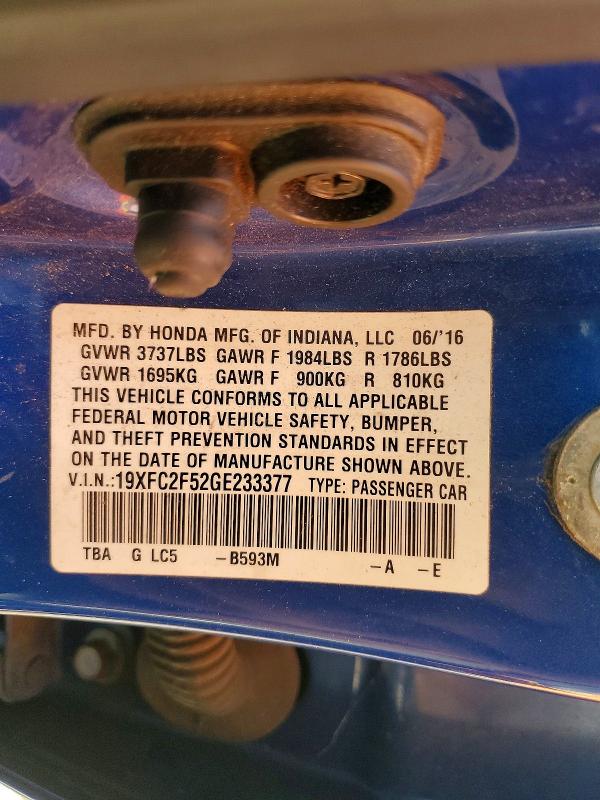 Продаж на аукціоні авто 2016 Honda Civic, vin: 19XFC2F52GE233377, номер лоту: 57177836
