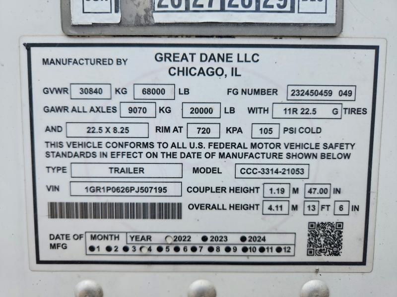 2023 Great Dane Trailers Trailer მანქანა იყიდება აუქციონზე, vin: 1GR1P0626PJ507195, აუქციონის ნომერი: 58454986