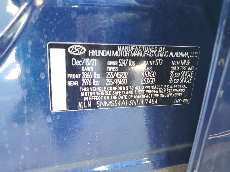 2022 Hyundai Santa Fe მანქანა იყიდება აუქციონზე, vin: 5NMS54AL3NH417484, აუქციონის ნომერი: 58482466