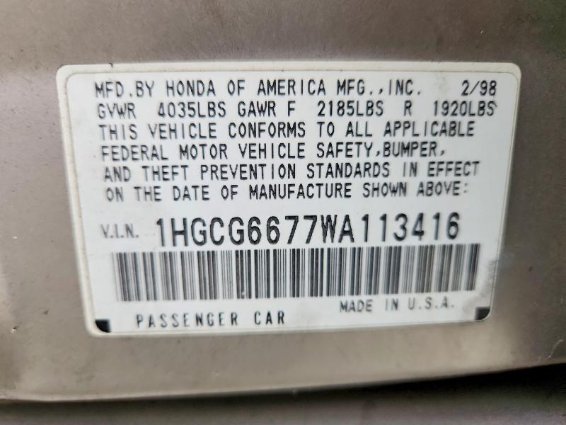 Aukcja sprzedaży 1998 Honda Accord, vin: 1HGCG6677WA113416, numer aukcji: 57874116