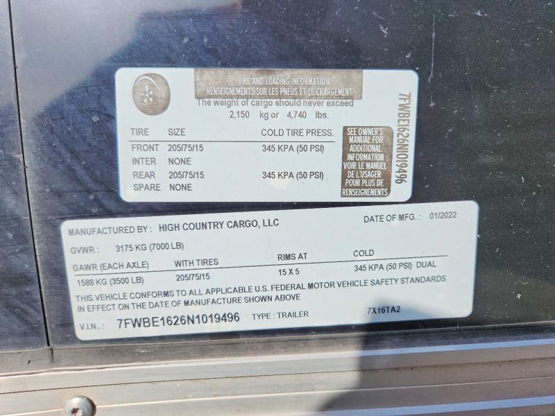 Продажа на аукционе авто 2022 High Country Trailers, vin: 7FWBE1626N1019496, номер лота: 59337476