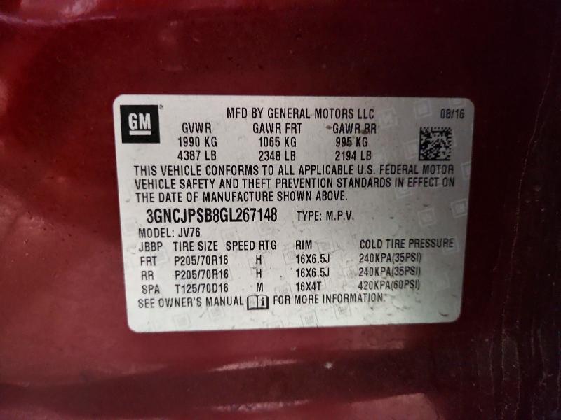 Aukcja sprzedaży 2016 Chevrolet Trax, vin: 3GNCJPSB8GL267148, numer aukcji: 57642026