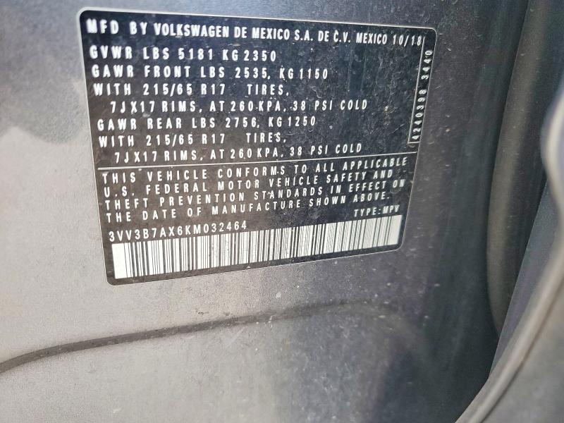 2019 Volkswagen Tiguan მანქანა იყიდება აუქციონზე, vin: 3VV3B7AX6KM032464, აუქციონის ნომერი: 57139476