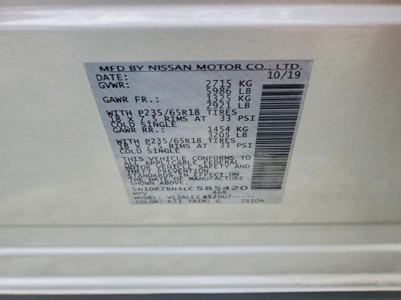 Продаж на аукціоні авто 2020 Nissan Pathfinder, vin: 5N1DR2BN4LC585420, номер лоту: 57829656