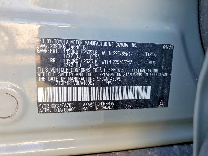 57705356 :رقم المزاد ، 2T3P1RFV8LW100821 vin ، 2020 Toyota Rav4 مزاد بيع