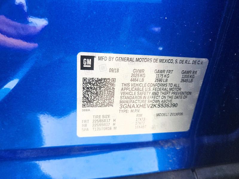Продаж на аукціоні авто 2019 Chevrolet Equinox, vin: 3GNAXHEV2KS536390, номер лоту: 58998046