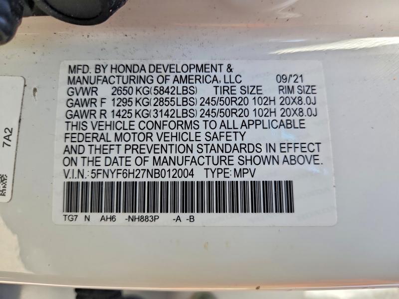 56137416 :رقم المزاد ، 5FNYF6H27NB012004 vin ، 2022 Honda Pilot مزاد بيع