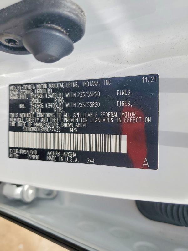 Aukcja sprzedaży 2022 Toyota Highlander Hybrid, vin: 5TDXBRCH3NS077433, numer aukcji: 56457516