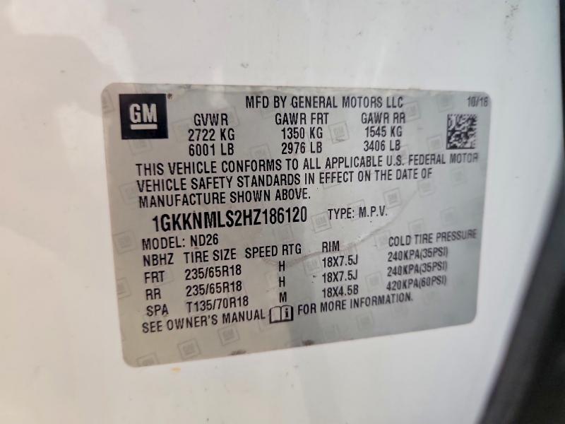56357676 :رقم المزاد ، 1GKKNMLS2HZ186120 vin ، 2017 Gmc Acadia مزاد بيع
